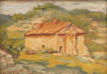 Laurent, oil on canvas, Italian hillside farm, signed, 16 x 22cm. Condition - good, canvas sagging slightly and losses to the frame